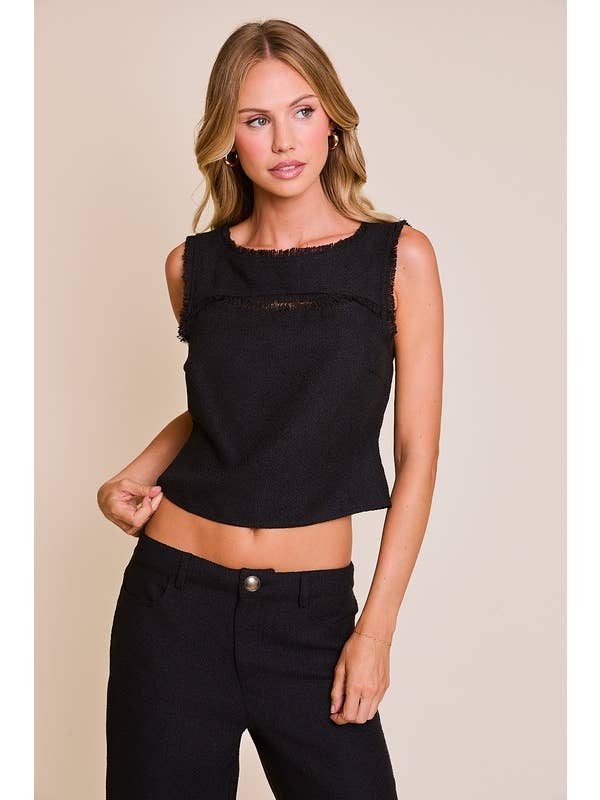 Black SLEEVELESS BOAT NECK FRONT CUT OUT TOP WITH WIDE LEG PANTS for wholesale on Faire