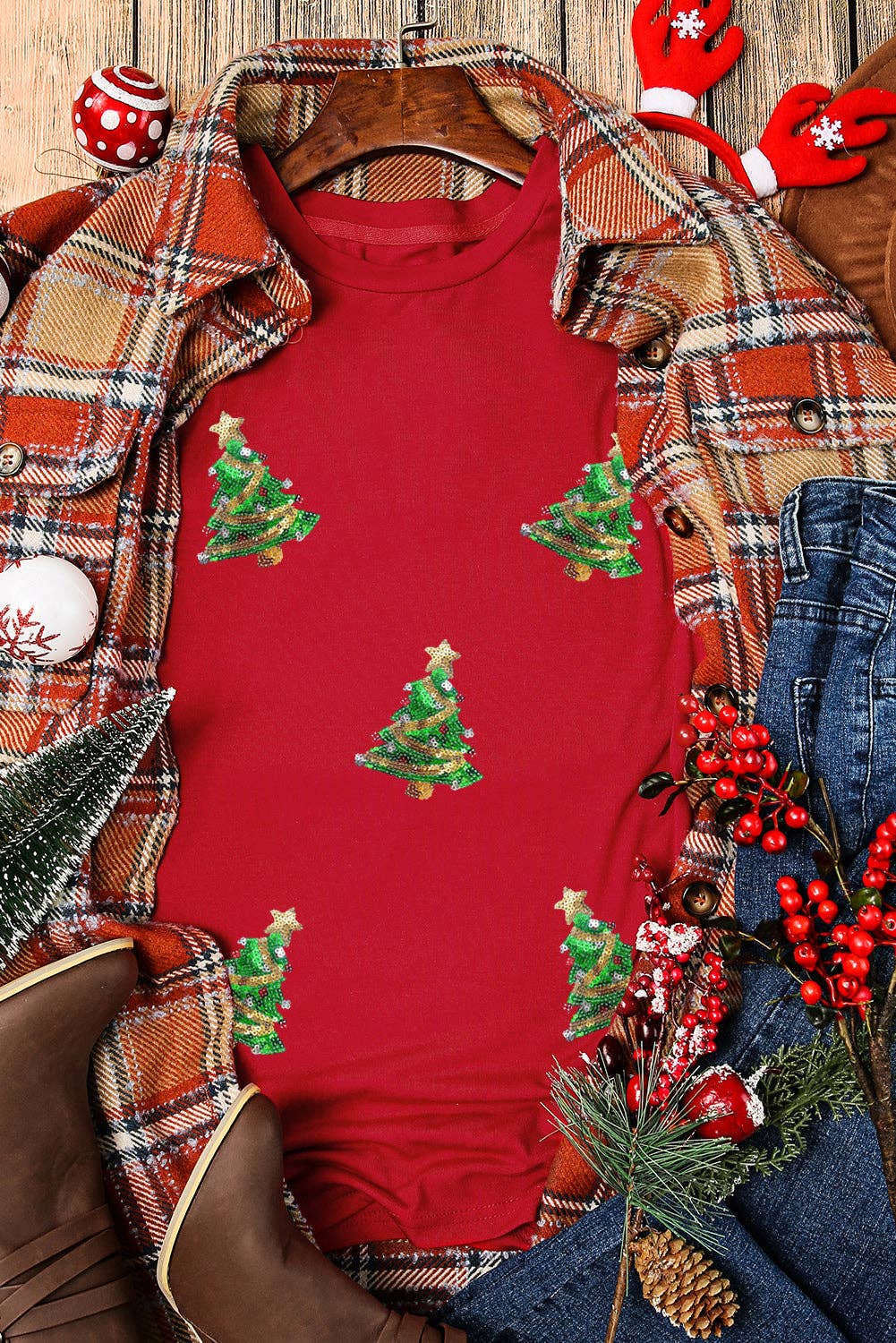 Sequin Christmas Tree Holiday Graphic Red Crewneck Tee for wholesale on Faire5