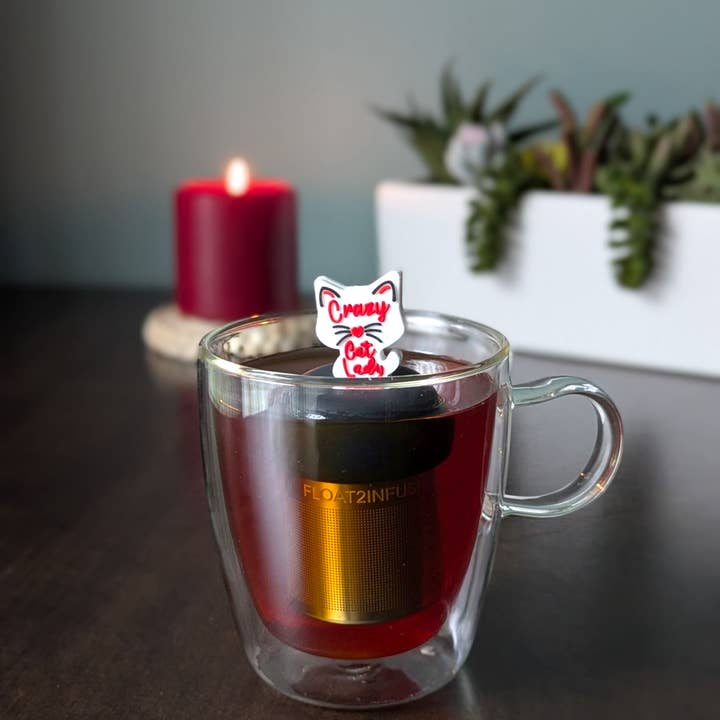 Float2infuse Tea Infuser - Wholesale Tea Strainer/Infuser - Crazy Cat Lady | Floating Tea Steeper | Green Base | White2