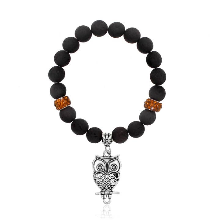 Bracelet extensible en pierre de lave noire et strass Wise Owl pour la vente par BESHEEK JEWELRY