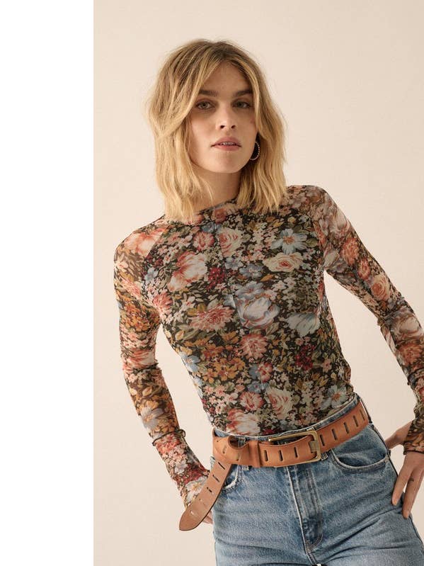 Floral Semi-Sheer Mesh Long Sleeve Knit Top for wholesale by MintChoco