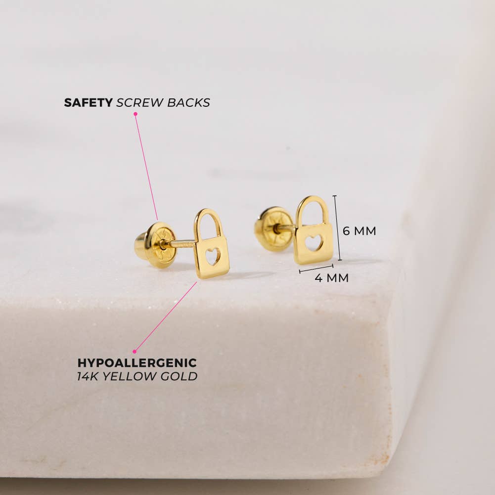 In Season Jewelry – wholesale Earrings – Kids – 14k Gold Heart Lock Kids / Children's / Girls Earrings3
