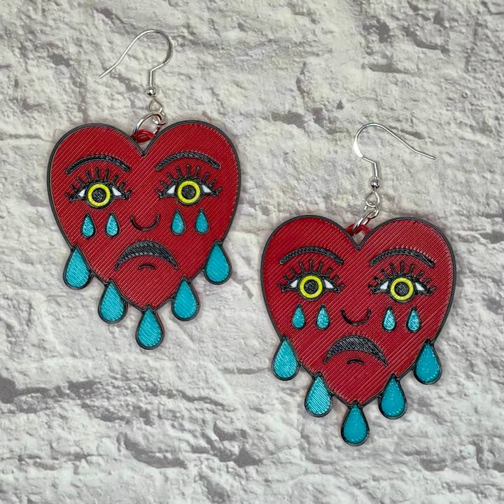 Crying Heart Statement Earrings 3D Printed for wholesale by Cryptid Craft Studio