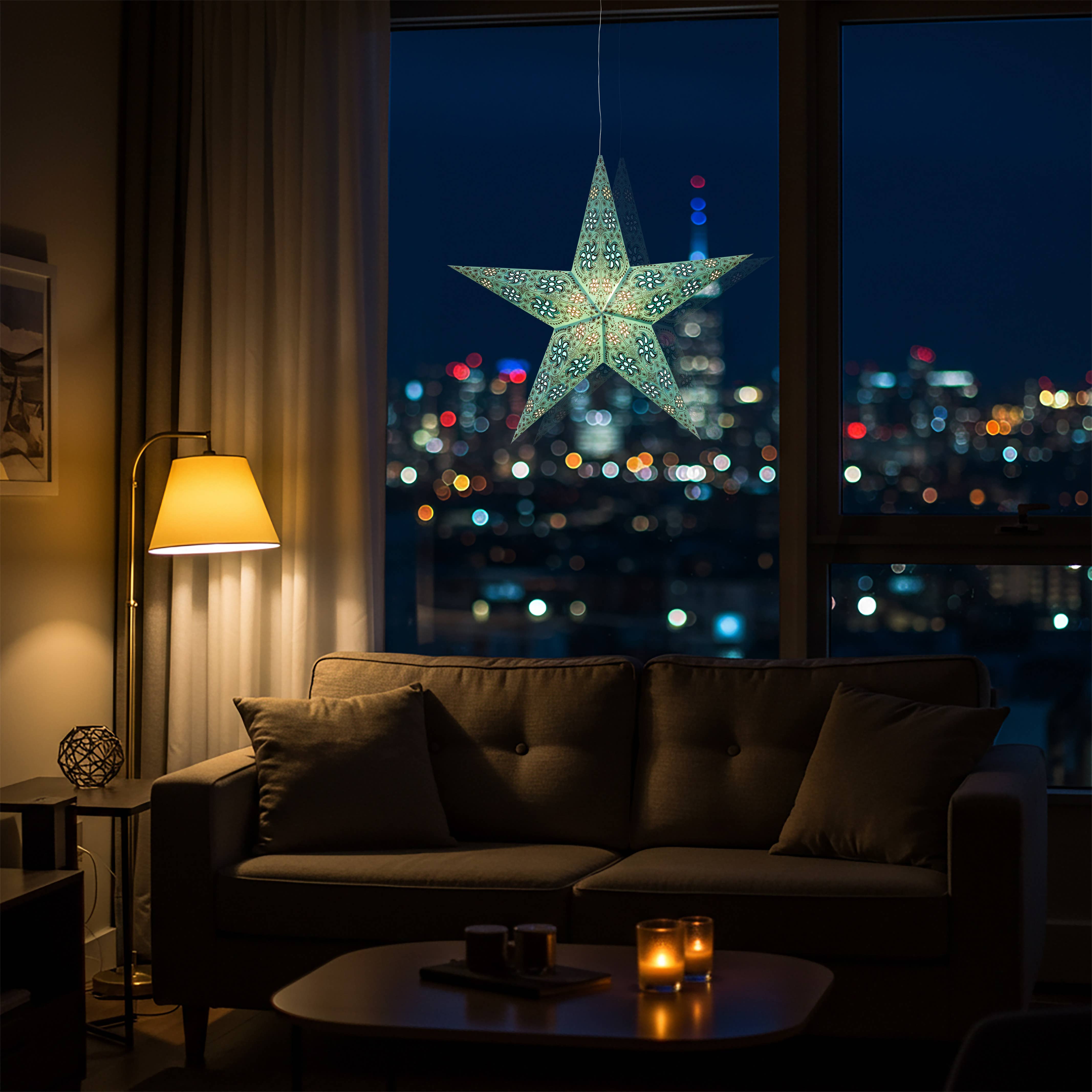 Artschatz LLC - Vente Lanterne/lampe en papier - Lanterne étoile en papier à paillettes Siklon 5 Pointer 24" turquoise5