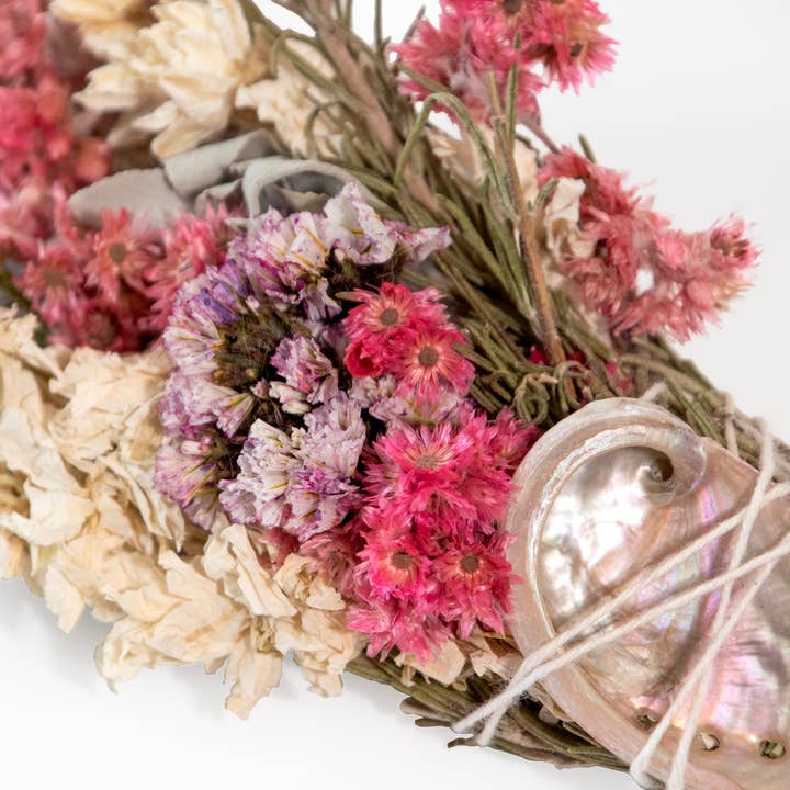 Andaluca - Wholesale Smudge Stick - 6" Pink & White Floral Smudge Wand with Shell1