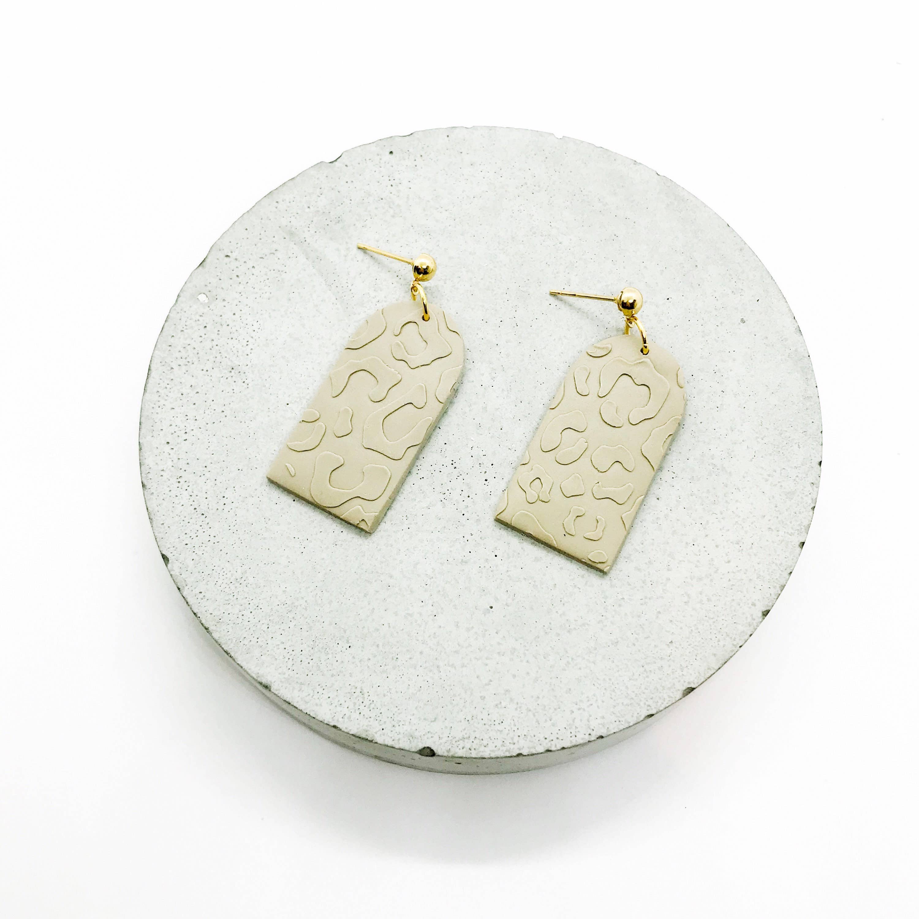 Moon and Jewel – wholesale Dangle earrings – polymer clay earrings, fawn embossed leopard print, nickel