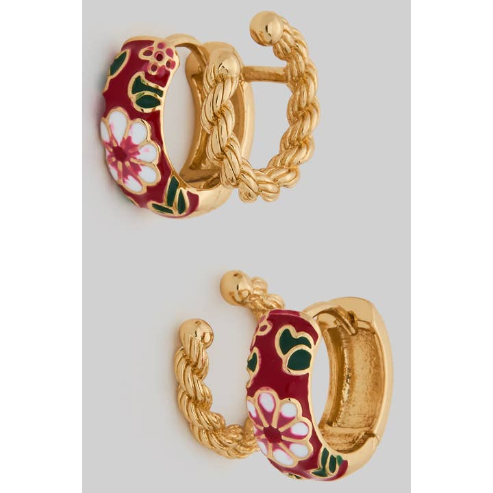 ORECCHINI A CERCHIO A DUE LINEE CON MOTIVO FLOREALE COLORATO per la vendita all'ingrosso da parte di Girly