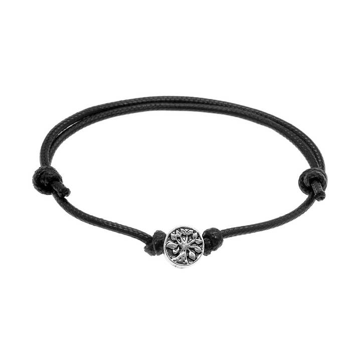 Tree Charm-armband, Silver Circle Charm, Svart sladdsträng för wholesale av O Yeah Gifts