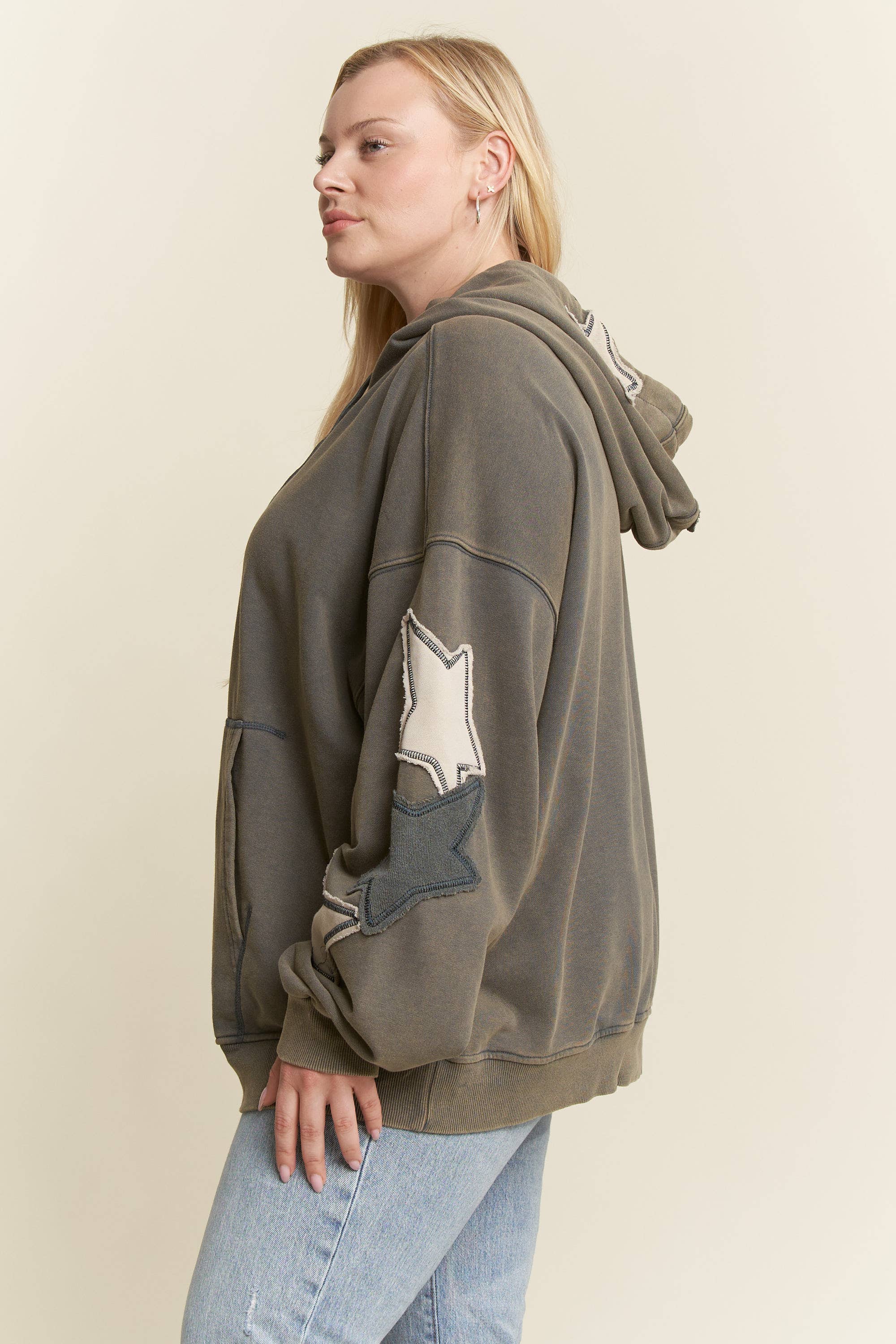 JADE BY JANE PLUS - Wholesale Hoodie - Dames - PLUS SIZE MINERAAL GEWASSEN LANGEMOUWEN STER GEPATCHTE HOODIE11