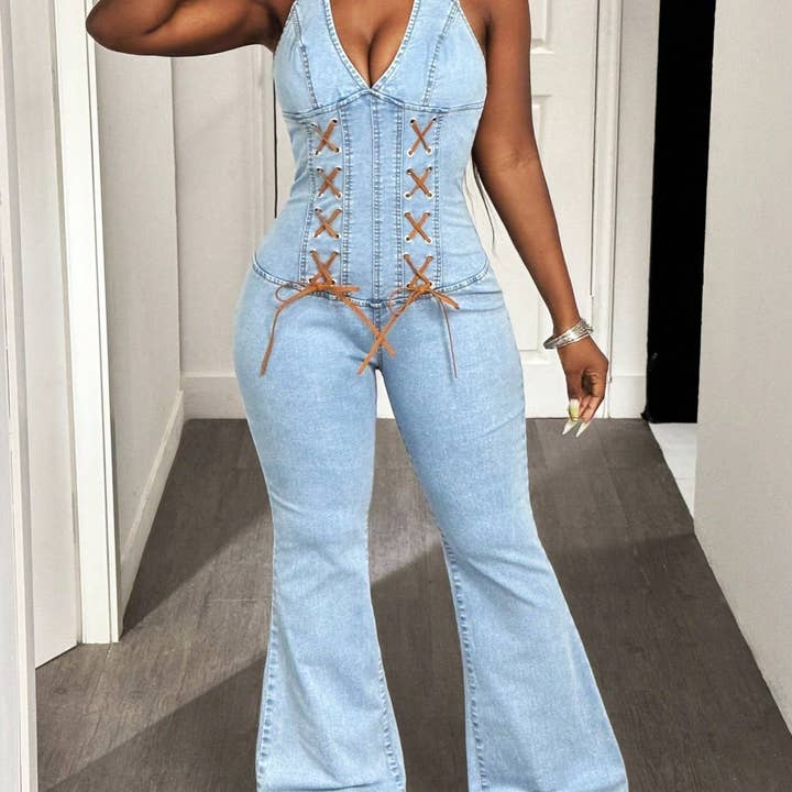 Blue Elara Halter Tight Waist Slim Medium Elastic Washing for wholesale on Faire