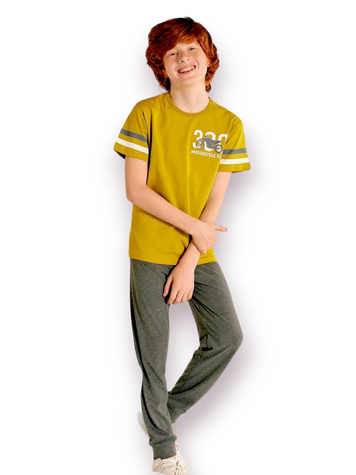 Conjunto Moto Lounge Vintage para Rapazes - Retro Amarelo & Cinza por atacado de NINEF