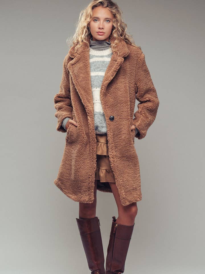 Cozy Longline Notched Lapel Teddy Coat for wholesale by Urban Daizy