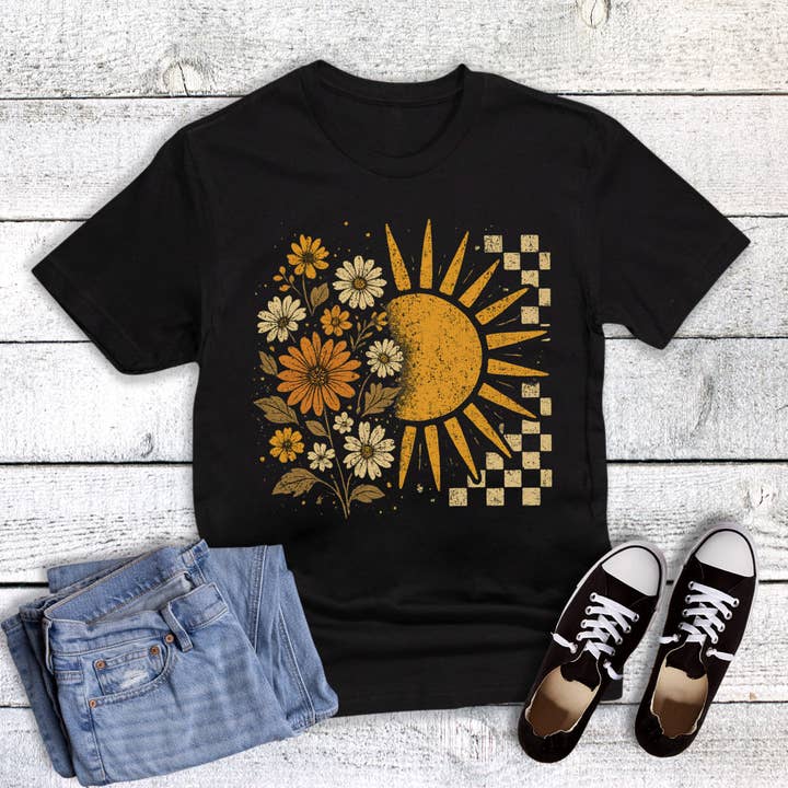 Boho Floral Sun Checked Graphic Tee for wholesale by Dust and Roots