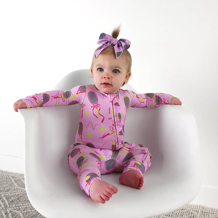 Gigi and Max - Wholesale Jumpsuit - Baby - Serena Pink Tennis Ruffle Zip Bamboo Baby Sleepies Kids 6
