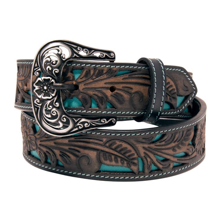 Floral Tooled Cutout Top Grain Leather Belt for wholesale by Western Express