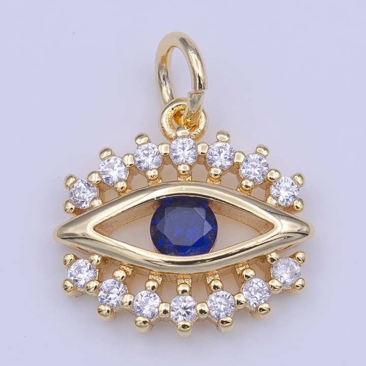 Blue Evil Eye Clear CZ Lashes Protection Gold Charm | C-417 for wholesale by Aim Eternal