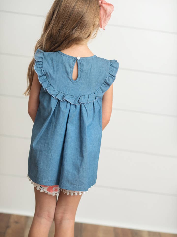 Adorable Sweetness - Wholesale Top & Short Set - Kids - Girls Coral Floral Jean Ruffle Spring Summer 2 Piece Set