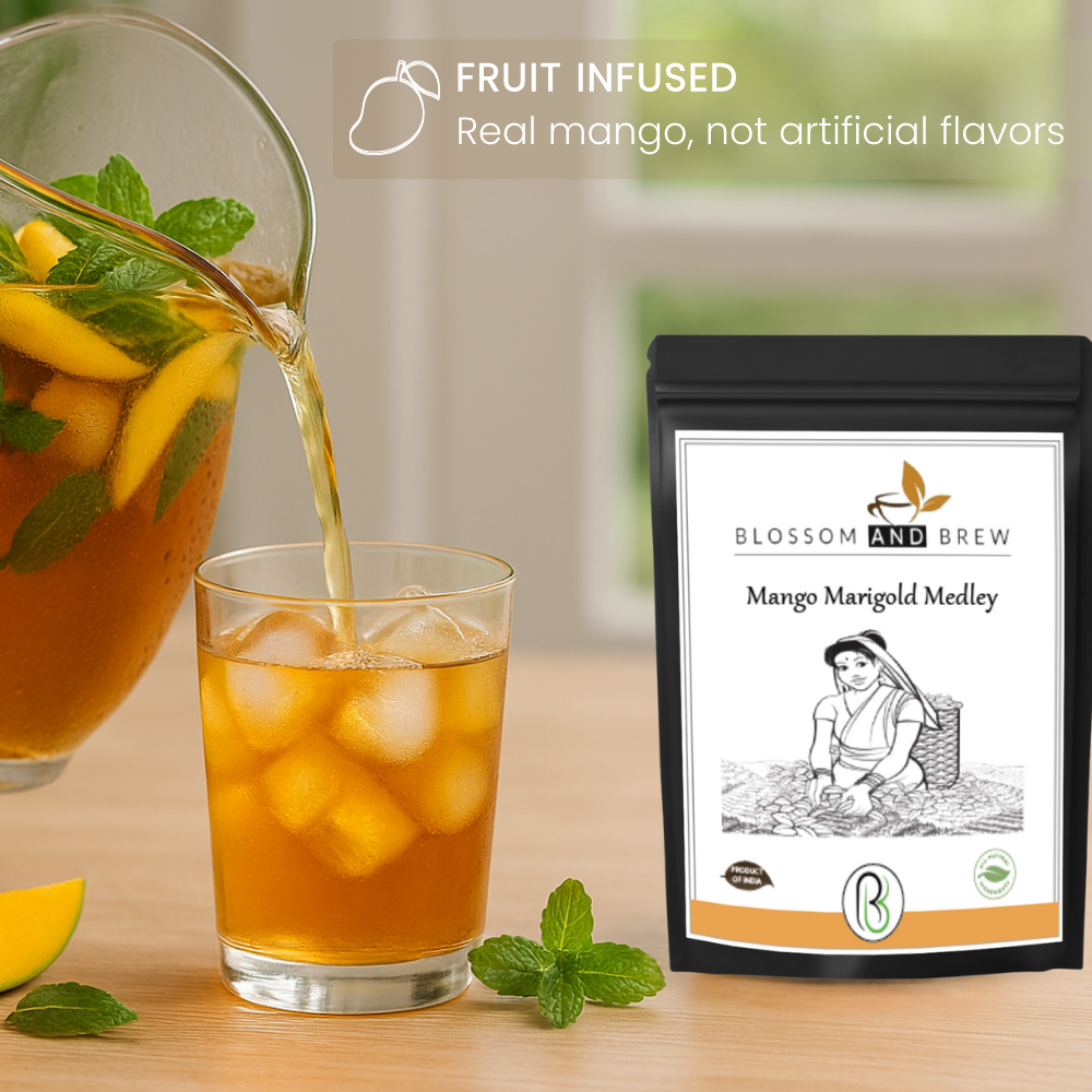 Blossom & Brew – wholesale Löst te – Grönt te-mango ringblomma medley, fruktig och blommig blandning6