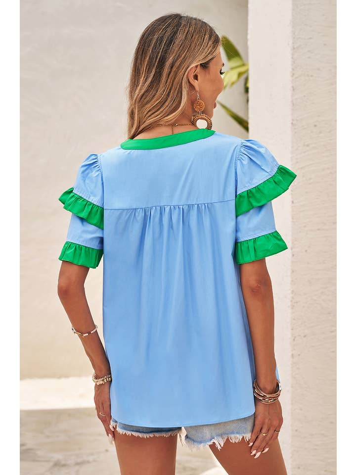 Mist Blue LDC Casual Colorblock Ruffle V-Neck Top for wholesale on Faire