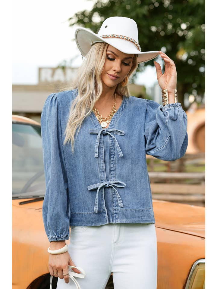 Blue Fashion-W Tied Front Long Puff Sleeve Denim Top for wholesale on Faire3