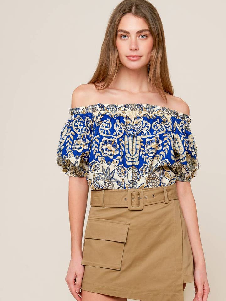 Un haut tissé imprimé à épaules dénudées - IT13515 pour la vente par FLYING TOMATO