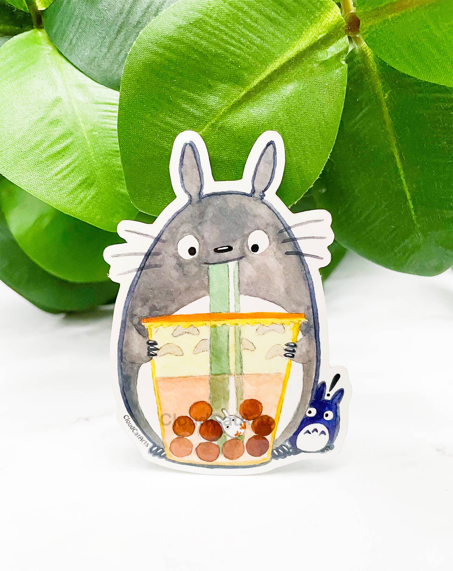 Cloud Cat Arts - Wholesale Sticker - Forest Spirit with Boba Sticker - Kawaii Bubble Tea Totoro2