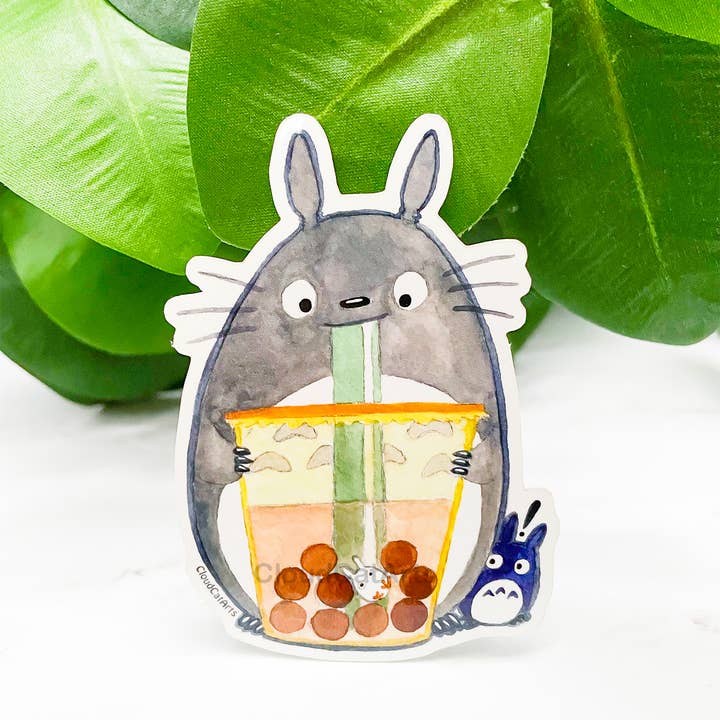 Cloud Cat Arts - Wholesale Sticker - Forest Spirit with Boba Sticker - Kawaii Bubble Tea Totoro2