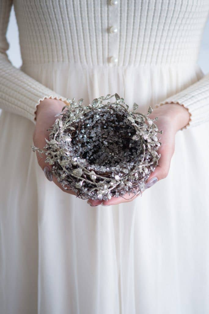 A&B Home Group Inc. - Wholesale Ornament - D6" IJzige Blad/Tak Vogelnest - Zilver2