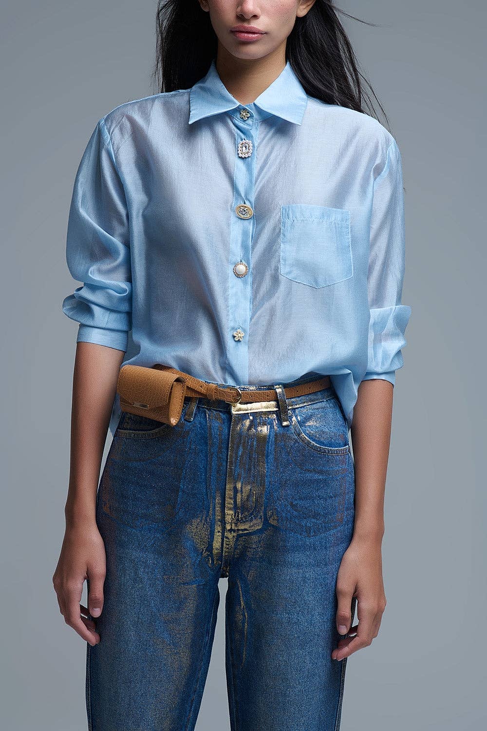 Silky Loose Shirt With Button Medley in Blue for wholesale on Faire5