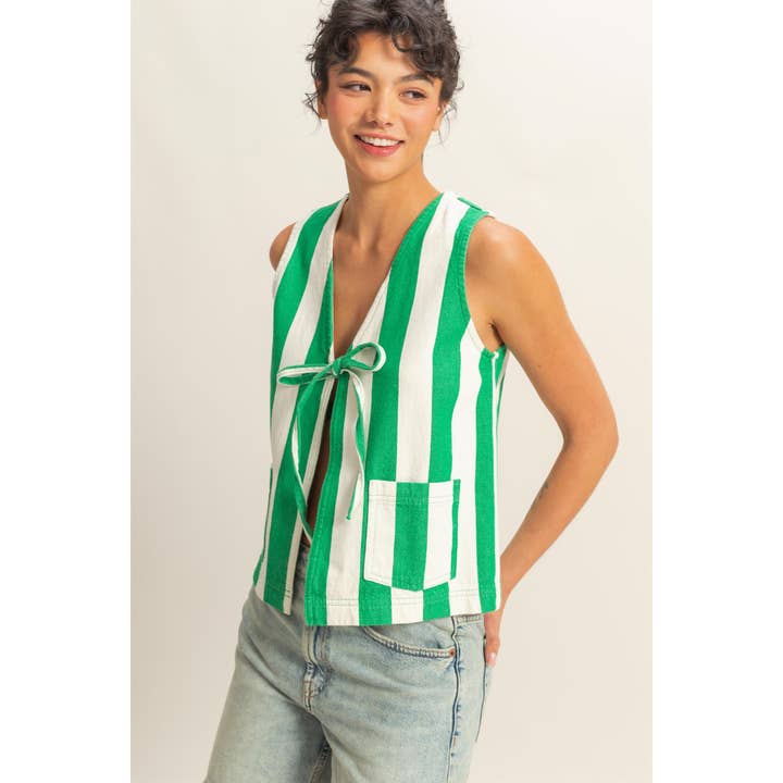 HYFVE - Wholesale Shirt - Women's - DZ25E183-Striped Front Bow Tie Sleeveless Vest