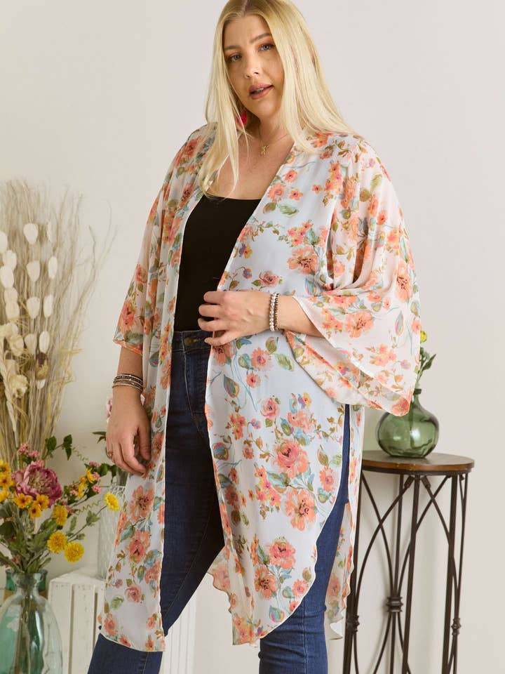 IVORY LYJ11293A9X- PLUS SIZE FLORAL KIMONO CARDIGAN for wholesale on Faire4