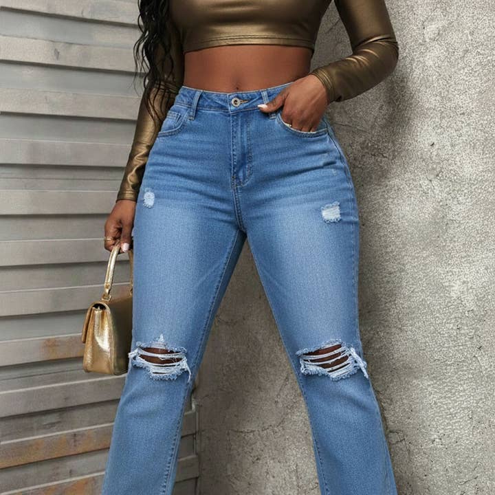 Dames high-waisted distressed wijde jeans voor wholesale door Tourtiwi