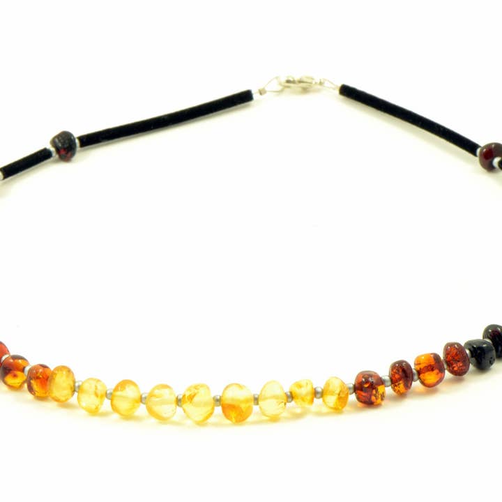 Rainbow Baroque Polished Amber Necklace on Leather Band for Adult for wholesale by The Natural Amber