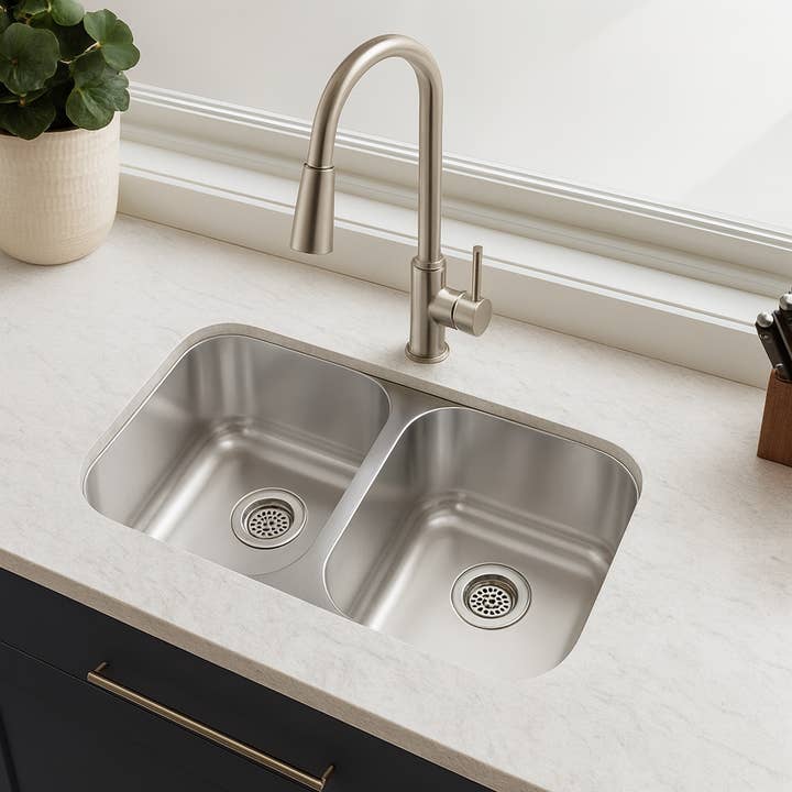 Stainless Steel 50/50 Double-Bowl Kitchen Sink for wholesale by Soho Surfaces