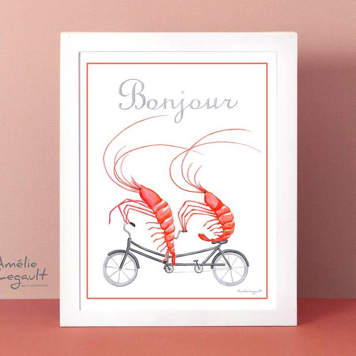 Shrimps riding a bike Art Print for wholesale by Sardines Studio