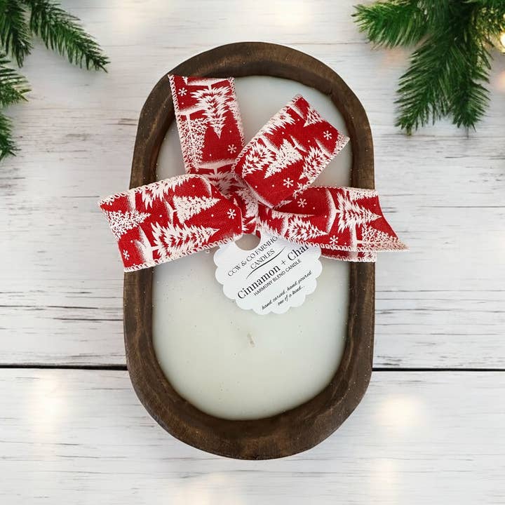 Hand Carved Dough Bowl Candle~16oz~Cinnamon + Chai for wholesale by CCW & Co farmhouse candles