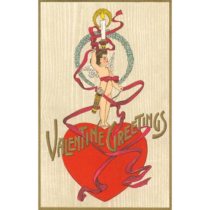 Postkort VL-73 Valentins hilsner, Amor med lys på hjerte for engroshandel hos Found Image Press