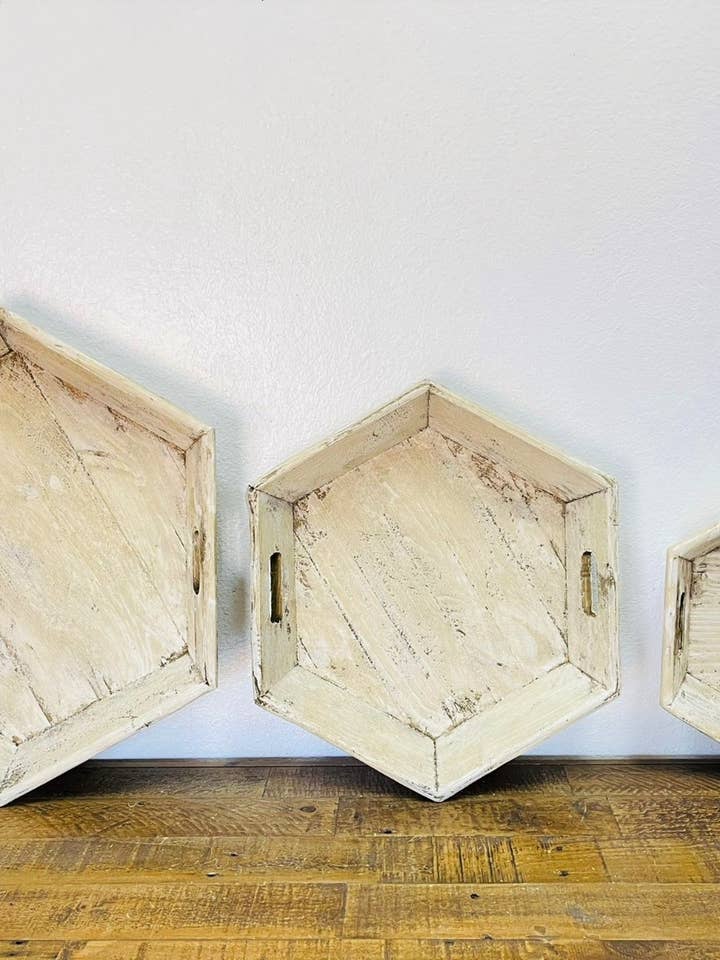 Hexagonal Wood Trays 3pc Set, Antique White, Handmade - 5.12 for wholesale by Rustic Farm