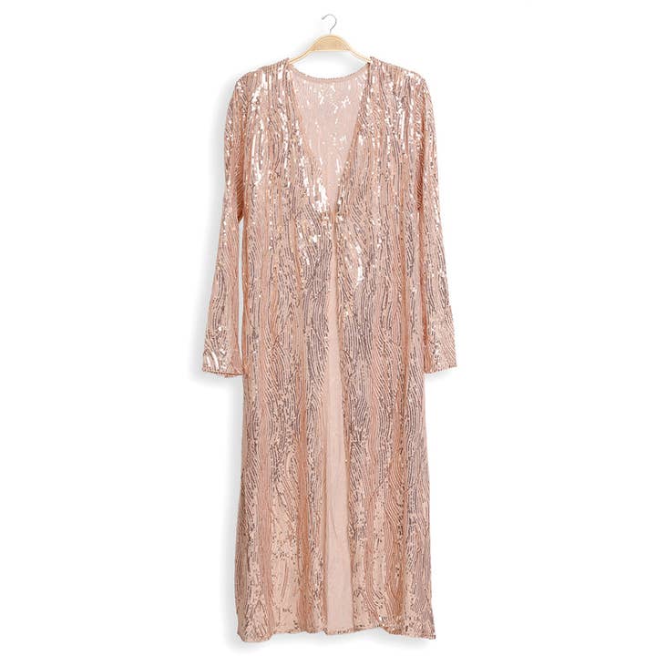 Pretty Attitude Clothing - Wholesale Kimono - Women's - Rose Gold Sequin Kimono Long Sequin Duster Festive Cardigan