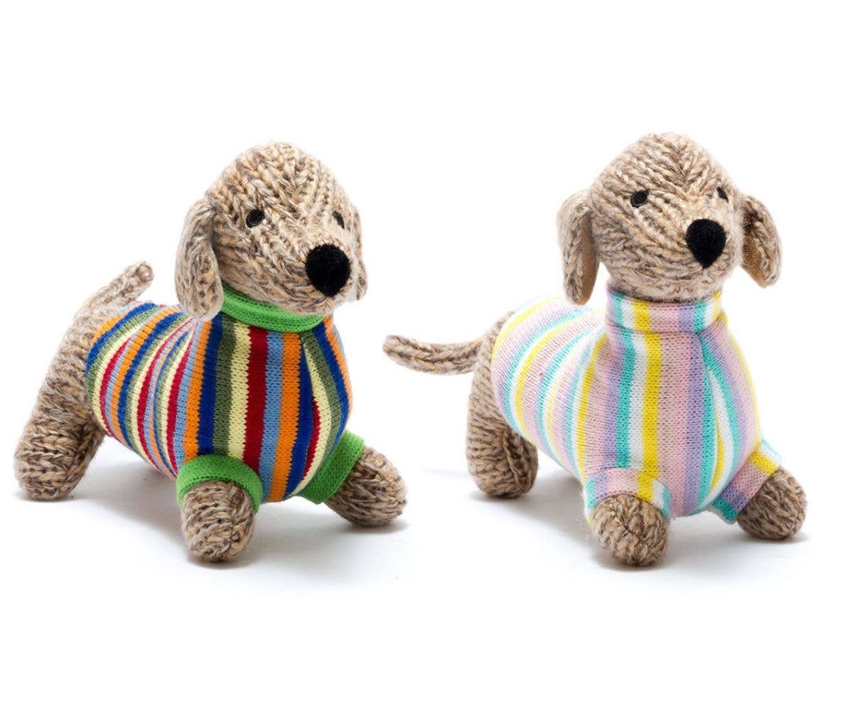 Best Years Ltd – wholesale Stuffed/plush toy – Kids & baby – Knitted Sausage Dog Soft Toy Teddy with Stripe Jumper17