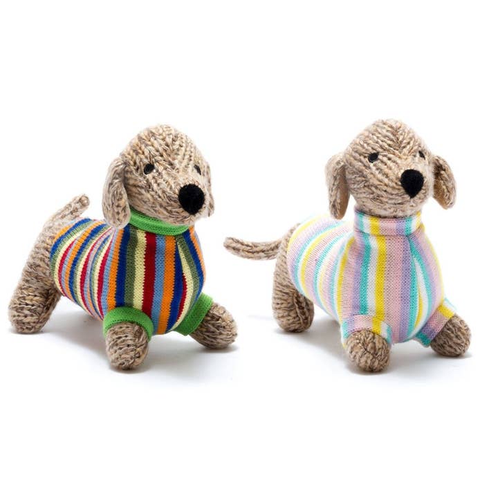Best Years Ltd – wholesale Stuffed/plush toy – Kids & baby – Knitted Sausage Dog Soft Toy Teddy with Stripe Jumper17