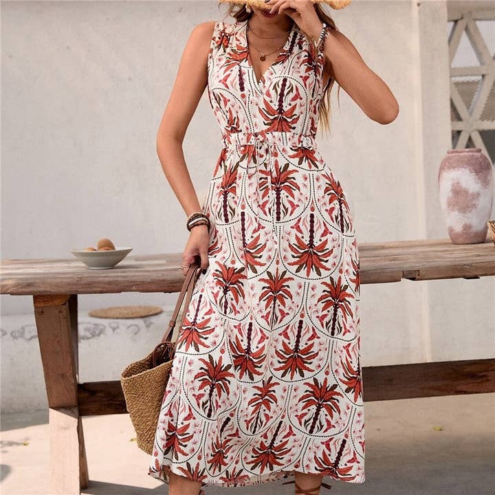 FIRE BRICK Sleeveless V-Neck High Waist A-Line Floral Print Dress for wholesale on Faire