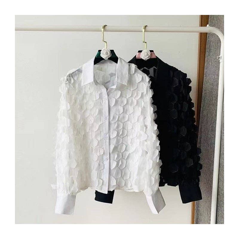 UZ Wholesale Store – Engroshandel Skjorte med buttondown – til kvinder – Løstsiddende kronbladformet chiffonmesh-skjorte3