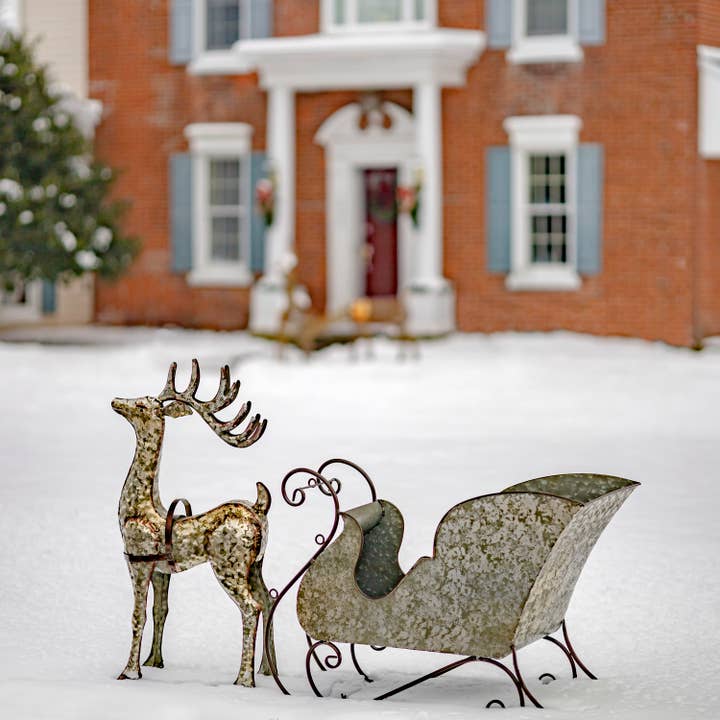 Zaer Ltd. International - Wholesale Christmas Decoration - Large Galvanized Reindeer and Sleigh Decoration