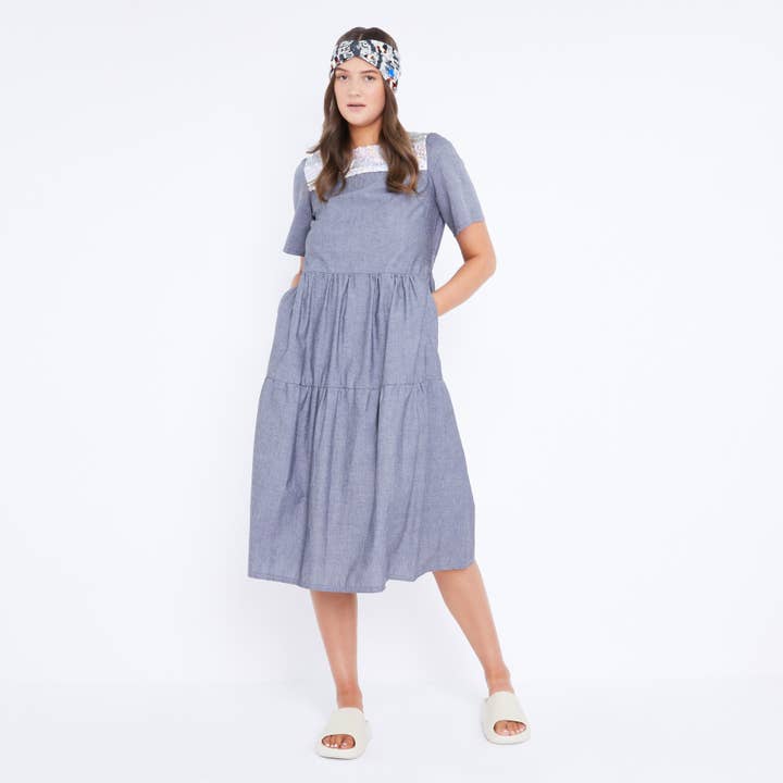Ami smock dress in cotton chambray with sequins for wholesale by COCOOVE