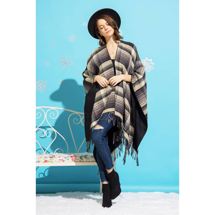 Sweet Generis - Wholesale Poncho – Women's - PLAID JACQUARD PONCHO WITH FRINGE SHAWL WRAP