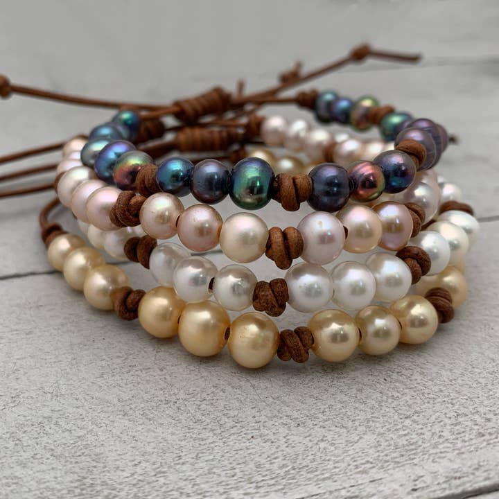 Leather and Pearl Stacking Bracelets for wholesale by Sunlight Silver Jewelry