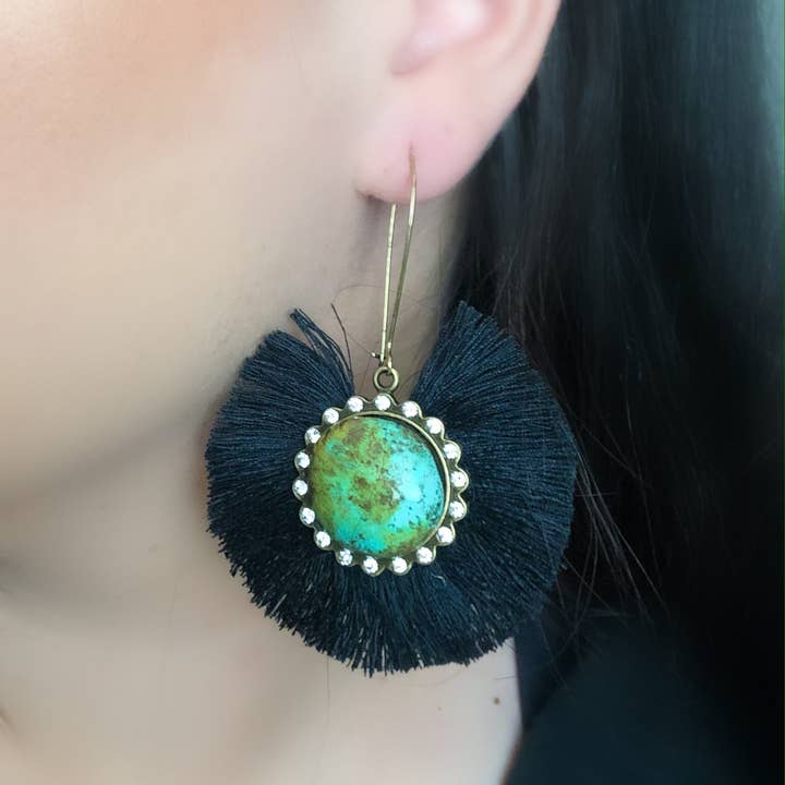 Nomadic Brunette - Wholesale Dangle Earrings - Gypsum Earrings - Turquoise Stone With Black Fringe Western Handmade Clay