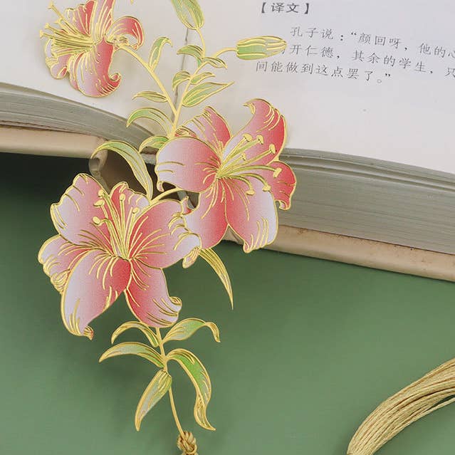 Pink Lily Flower Metal Bookmark for wholesale by Bright MacMing