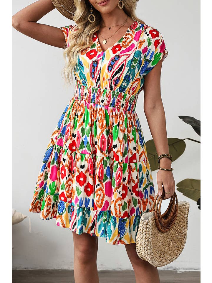 Sky Blue Abstract Print V Neck Dolman Sleeve Ruffle Tiered Mini Dress for wholesale on Faire